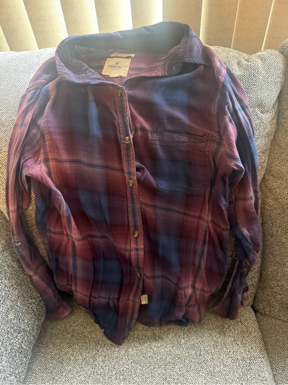 American Eagle Outfitters Plaid Button-Down Shirt in Burgundy and Navy
